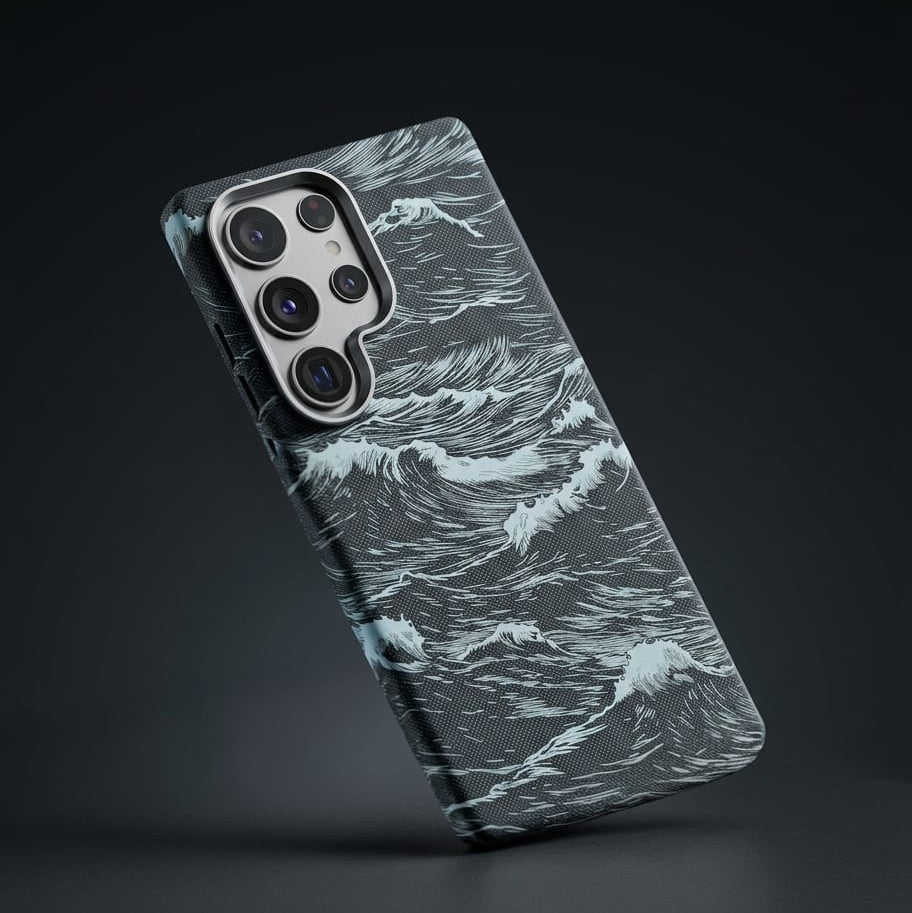 Japanese Art Ukiyo-e Ocean Wave Texture Leather Case For Samsung - Elite Phones