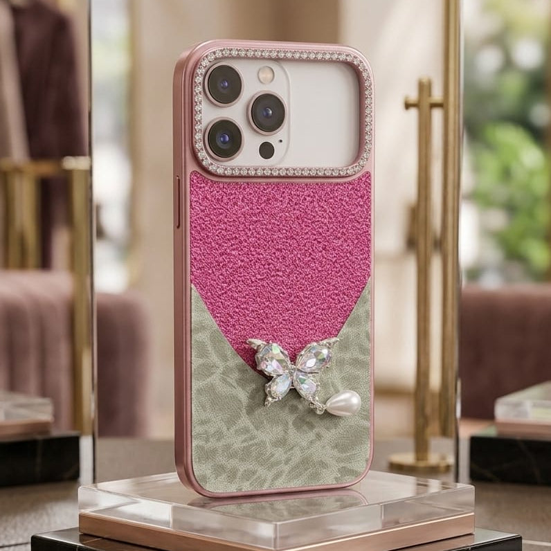 Luxury Glitter & Leopard Butterfly Case with Pearl Pendant - Elite Phones