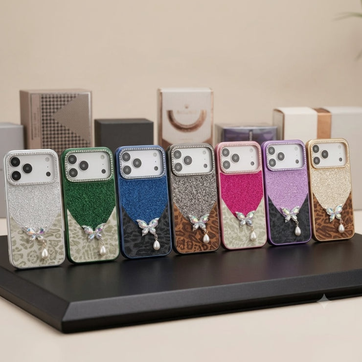 Luxury Glitter & Leopard Butterfly Case with Pearl Pendant - Elite Phones