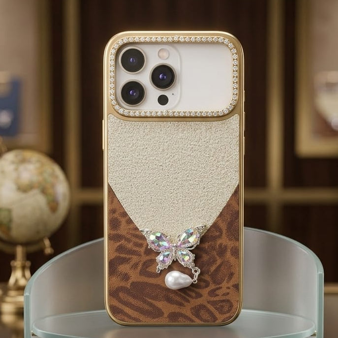 Luxury Glitter & Leopard Butterfly Case with Pearl Pendant - Elite Phones