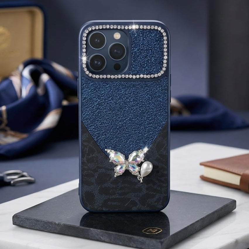 Luxury Glitter & Leopard Butterfly Case with Pearl Pendant - Elite Phones