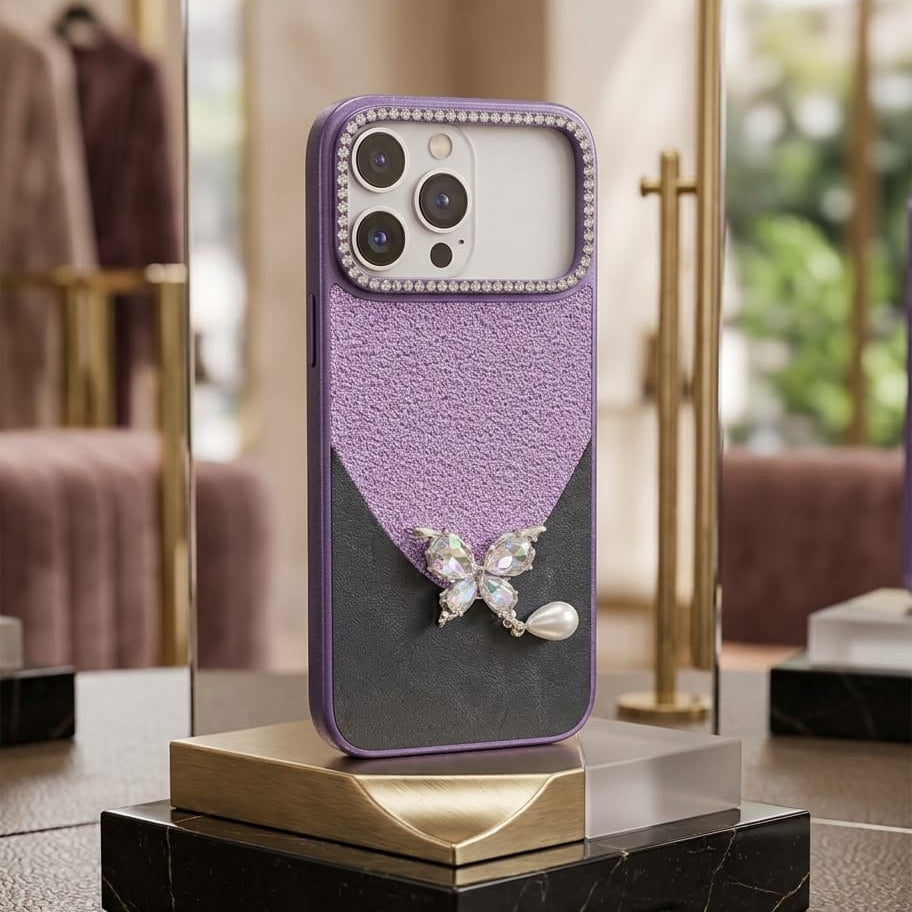 Luxury Glitter & Leopard Butterfly Case with Pearl Pendant - Elite Phones