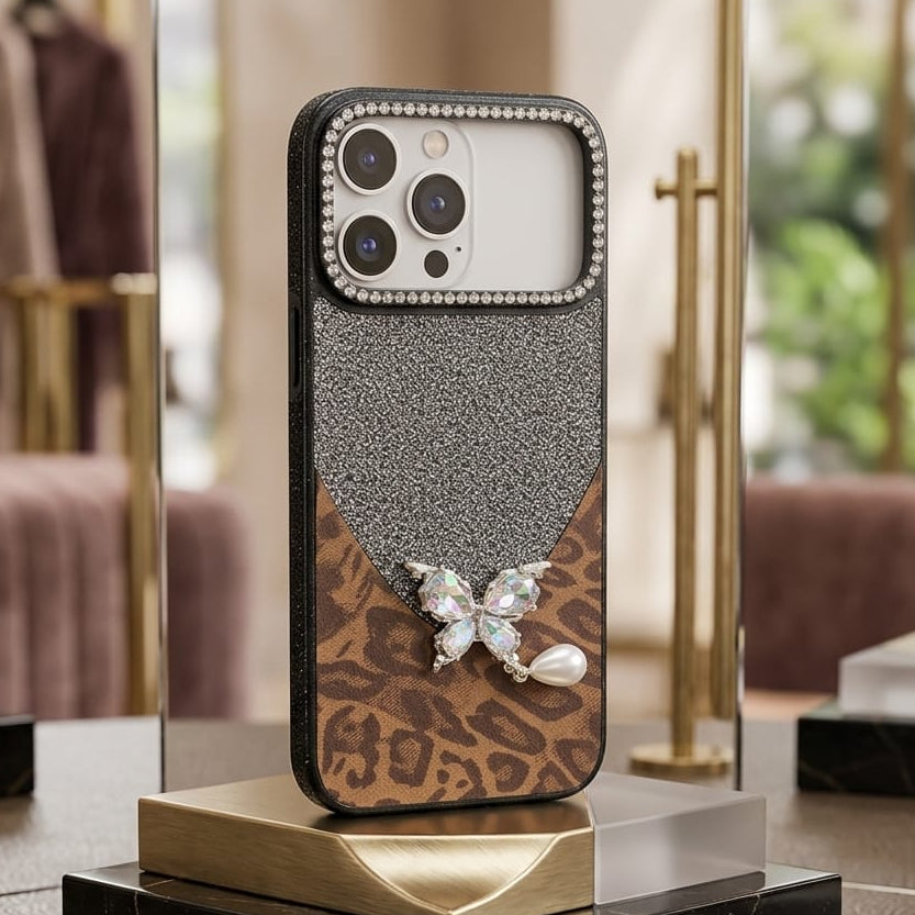 Luxury Glitter & Leopard Butterfly Case with Pearl Pendant - Elite Phones