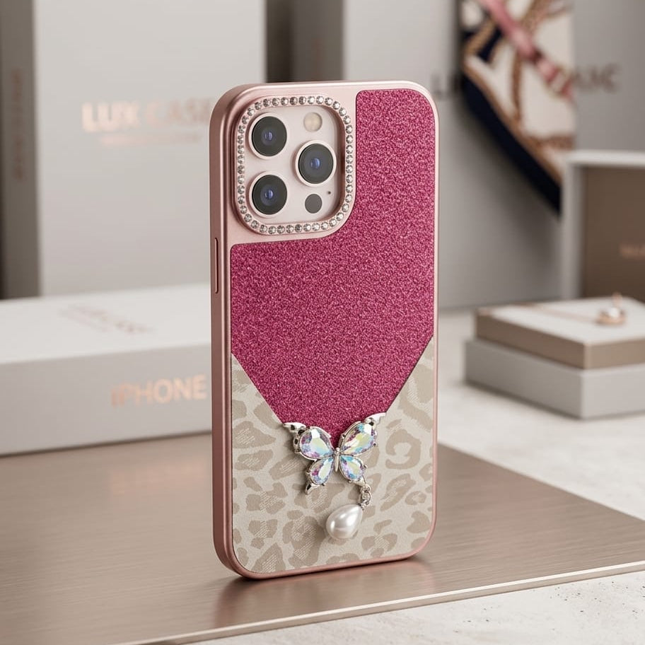 Luxury Glitter & Leopard Butterfly Case with Pearl Pendant - Elite Phones