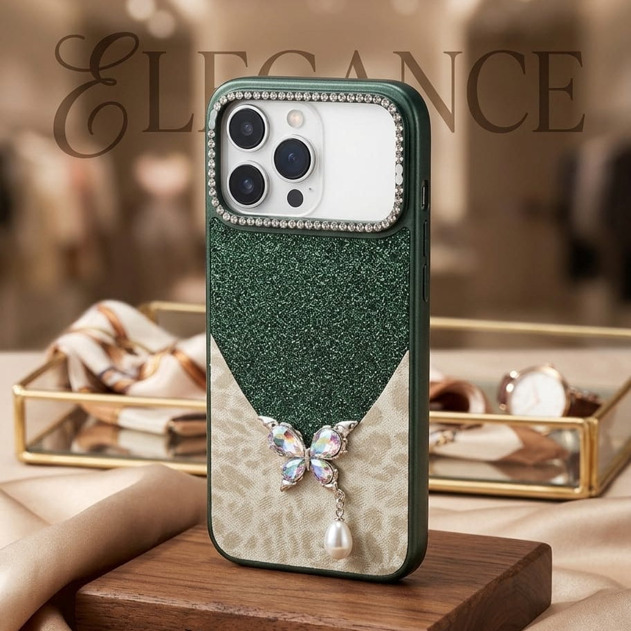 Luxury Glitter & Leopard Butterfly Case with Pearl Pendant - Elite Phones