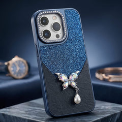 Luxury Glitter & Leopard Butterfly Case with Pearl Pendant - Elite Phones