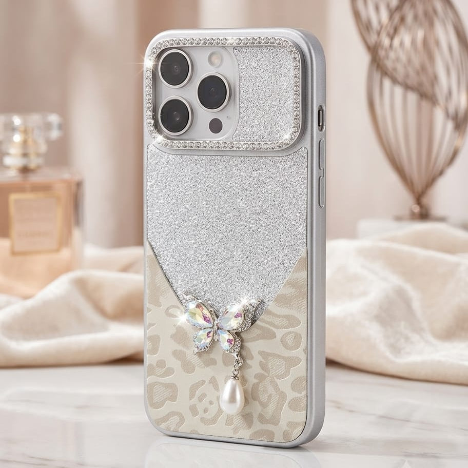 Luxury Glitter & Leopard Butterfly Case with Pearl Pendant - Elite Phones