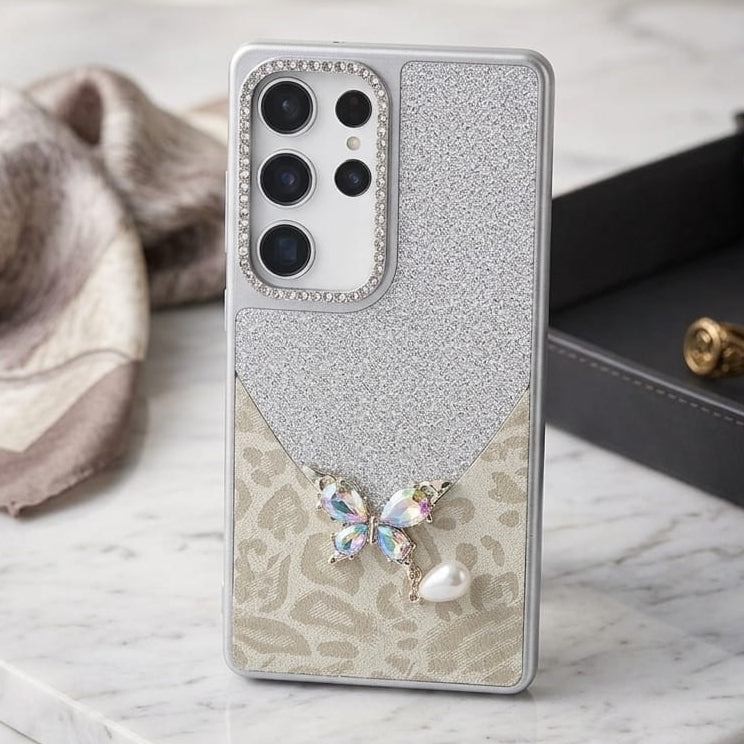 Luxury Glitter & Leopard Butterfly Case with Pearl Pendant For Samsung - Elite Phones