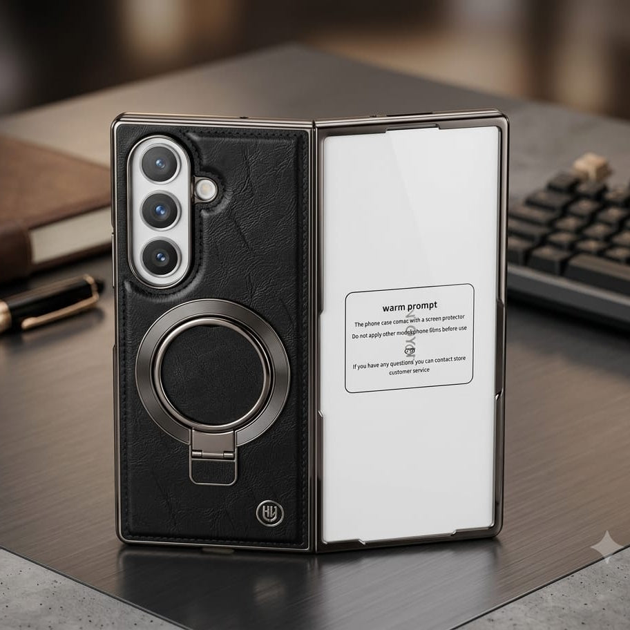 Premium Magnetic Leather Case with Built-in Ring Kickstand & Screen Protector for Galaxy Z Fold - Elite Phones