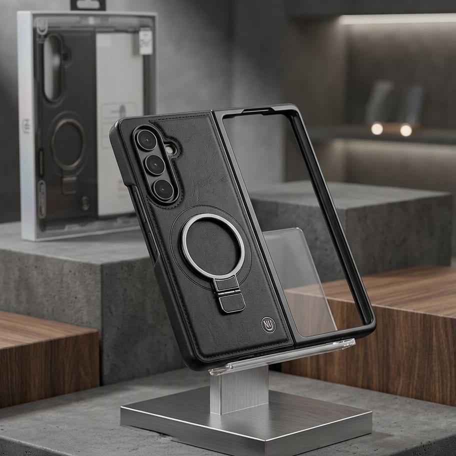 Premium Magnetic Leather Case with Built-in Ring Kickstand & Screen Protector for Galaxy Z Fold - Elite Phones