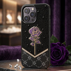 Premium Royal Purple Rose 3D Diamond - Encrusted Luxury Leather Case - Elite Phones