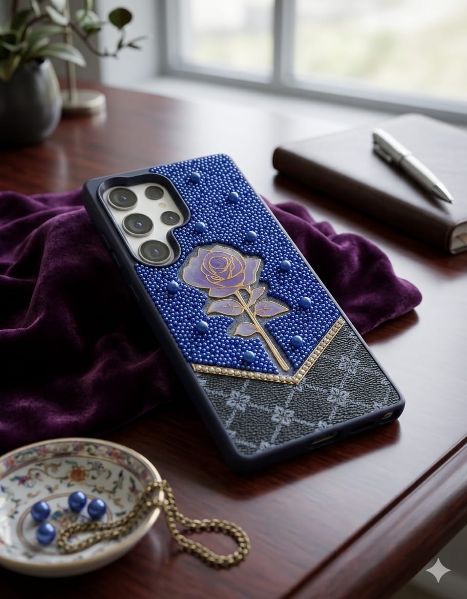 Premium Royal Purple Rose 3D Diamond-Encrusted Luxury Leather Case - Elite Phones