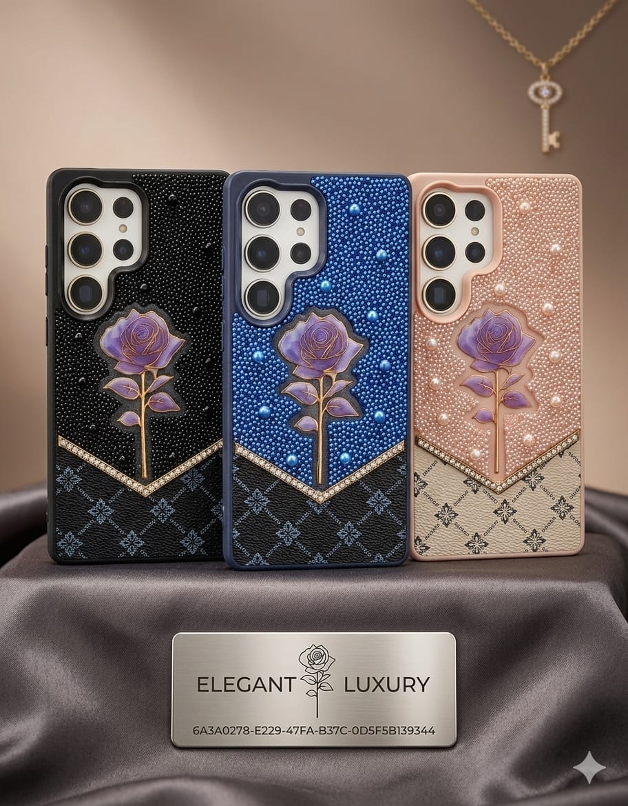 Premium Royal Purple Rose 3D Diamond-Encrusted Luxury Leather Case - Elite Phones