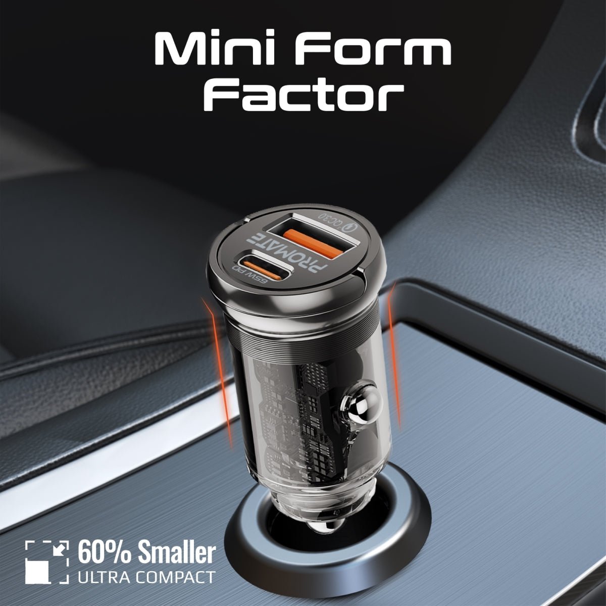 Promate 65W Rapidcharge Transparent Mini Car Charger - Elite Phones