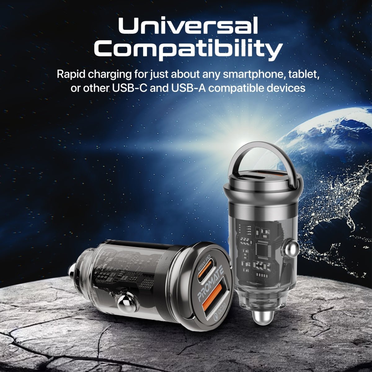 Promate 65W Rapidcharge Transparent Mini Car Charger - Elite Phones