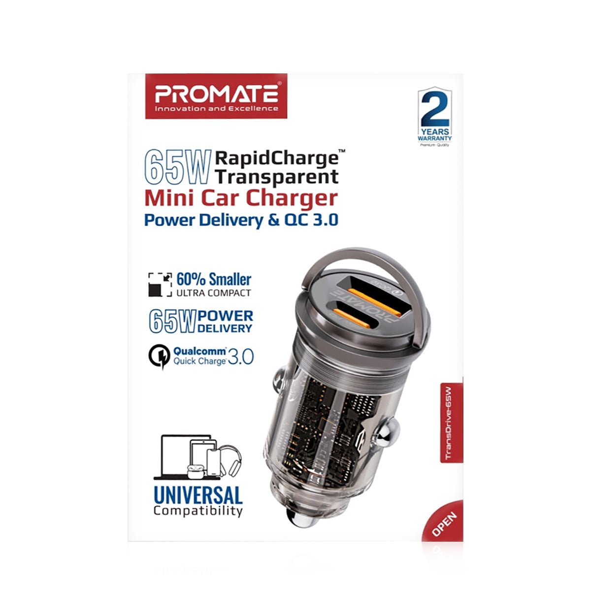 Promate 65W Rapidcharge Transparent Mini Car Charger - Elite Phones