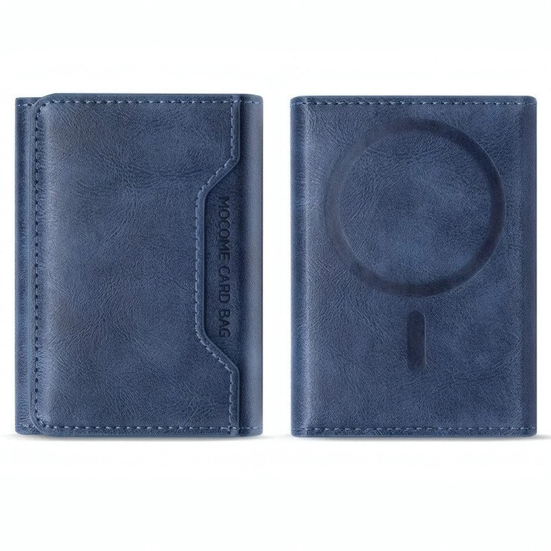 A blue leather card holder wallet shown from both the front and back. The front features a vertical card slot with 'MOONE CARD BAG' printed on it, and the back has an embossed circular MagSafe-compatible ring.
