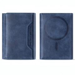 A blue leather card holder wallet shown from both the front and back. The front features a vertical card slot with 'MOONE CARD BAG' printed on it, and the back has an embossed circular MagSafe-compatible ring.
